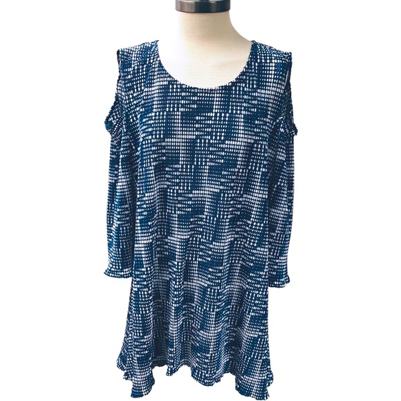 ALFANI Accordion Pleated Cold Shoulder Tunic Top Women’s SIZE XXL Blue Polka Dot - Picture 6 of 11